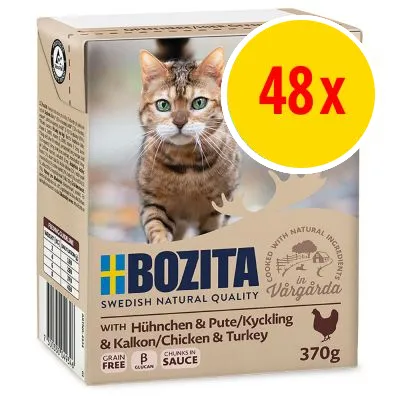 Bozita Kyckling & Kalkon våtfoder för katt, 370 g, spannmålsfri, bitar i sås. Förpackning med 48 x enligt gul cirkel med röd text. Synlig näringsanalys och certifikat på sidan.