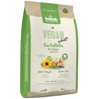 Bosch Vegan Adult potatis & ärtor, 100 % vegansk, spannmålsfri, endast vegetabiliska ingredienser, från 1 års ålder, 800 g förpackning.