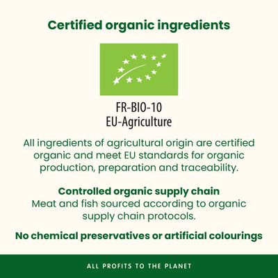 Sigiliu bio UE FR-BIO-10. Toate ingredientele de origine agricolă sunt certificate bio, lanț de aprovizionare bio controlat, fără conservanți chimici sau coloranți artificiali.