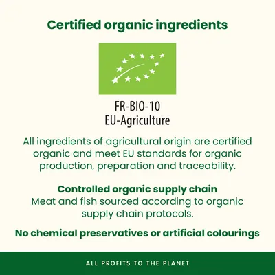 Sigiliu bio UE FR-BIO-10. Toate ingredientele de origine agricolă sunt certificate bio, lanț de aprovizionare bio controlat, fără conservanți chimici sau coloranți artificiali. Sigiliu bio UE FR-BIO-10. Toate ingredientele de origine agricolă sunt certificate bio, lanț de aprovizionare bio controlat, fără conservanți chimici sau coloranți artificiali.