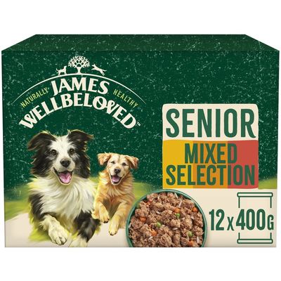 Senior mixed selection, 12 x 400g packs. Image shows chunks of food in a bowl and two dogs. Brand name James Wellbeloved is visible.