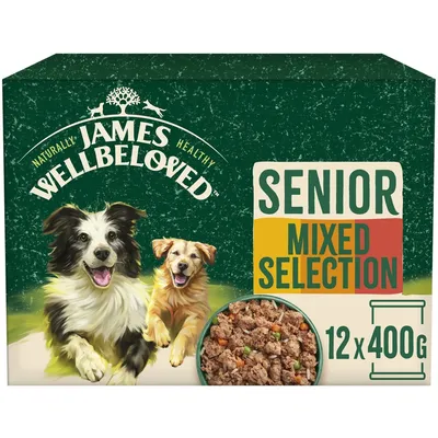 Senior mixed selection, 12 x 400g packs. Image shows chunks of food in a bowl and two dogs. Brand name James Wellbeloved is visible.