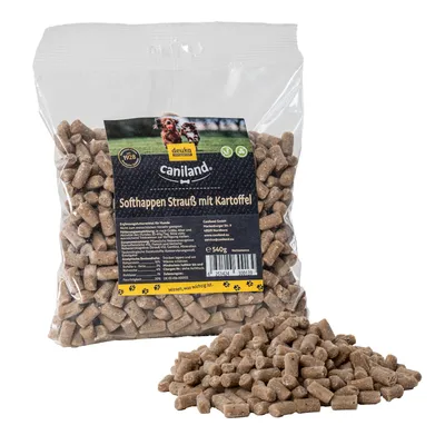 Caniland Softhappen struds med kartoffel, tilskudsfoder til hunde, 540g pakke. Ingredienser: struds, kartoffel, uden tilsat sukker, fugtighed 18%.