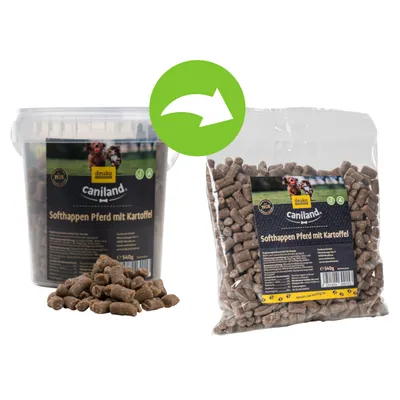 Caniland Softhappen конско месо с картоф, наличен в кофа и плик, 540 г. Изображението показва съдържание и опаковки.