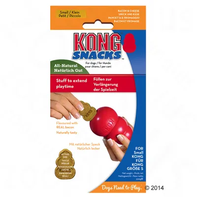 KONG Snacks Small, bacon & cheese -makuiset koiranherkut. Pakkauksessa teksti: All-Natural, Stuff to extend playtime, Flavoured with REAL bacon, Naturally tasty. Nettopaino 200 g.