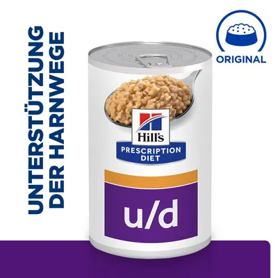 Hill's Prescription Diet u/d Nassfutter zur Unterstützung der Harnwege, Original-Rezeptur. Abbildung einer Dose mit Futter und Löffel.