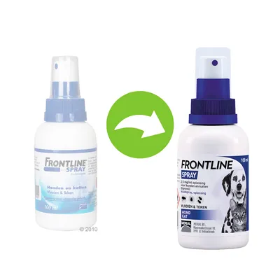 Verpakkingswijziging Frontline Spray 100 ml voor honden en katten, tegen vlooien en teken. Links oud ontwerp, rechts nieuw ontwerp met hond en kat op het etiket.