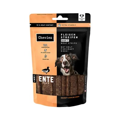 Chewies soft meat strips, duck flavour. 95% meat content, extra vitamin C, monoprotein, no added sugar, grain free. Resealable pack. For every age. Made in Austria.
