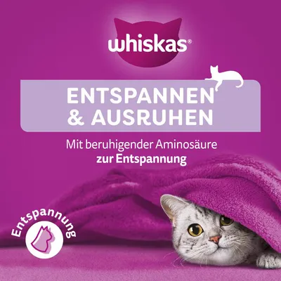 Whiskas. Entspannen & Ausruhen mit beruhigender Aminosäure zur Entspannung. Katze unter lila Decke, Symbol für Entspannung sichtbar.
