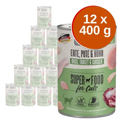 MAC's Super Food for Cats konzerv, kacsa, pulyka és csirke, 12 x 400 g. Made in Germany felirat, gabonamentes, magas hústartalom látható a csomagoláson.