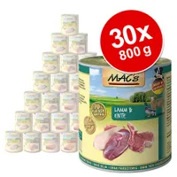 MAC's Lamm & Ente, 30 puszek po 800 g. Widoczne: 70% Fleischanteil, Made in Germany, bez zbóż, soi, barwników, składniki: jagnięcina i kaczka.