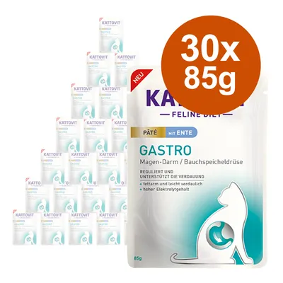 Kattovit Feline Diet Gastro Pâté ankalla, 30x85g. Vatsalle/haimalle, vähärasvainen, helposti sulava, korkea elektrolyyttipitoisuus. Tukee ruoansulatusta.