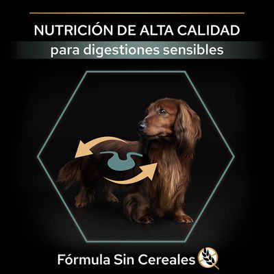 Nutrición de alta calidad para digestiones sensibles. Fórmula sin cereales. Imagen de perro con icono de estómago y flechas.