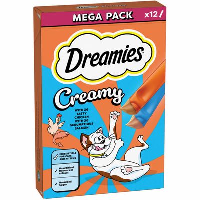 Dreamies Creamy Mega Pack x12, with 6x Tasty Chicken and 6x Scrumptious Salmon. Irresistible for cats and kittens, with no artificial flavours or colourings, and no added sugar.