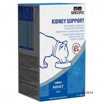 Опаковка SPECIFIC KIDNEY SUPPORT CAT ADULT FKW, 7 x 100 г. Видима таблица с хранителни насоки и текст на няколко езика за диетична храна за котки. Ветеринарен продукт.