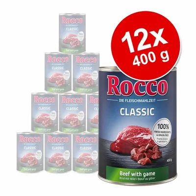 Rocco Classic Beef with game -koiran märkäruoka, 12 x 400 g säilykepakkaus. Etiketissä teksti: 100 % fresh ingredients & grain-free. Tuotteen nimi ja paino näkyvissä.