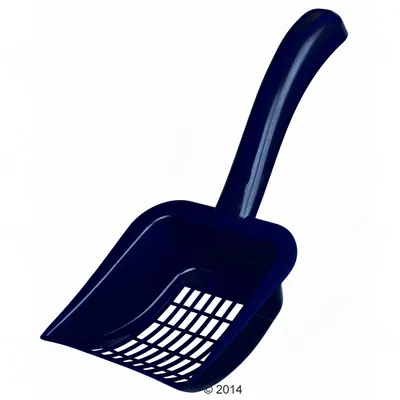 Tummansininen kissanhiekkalapio ritiläkuviolla ja ergonomisella kahvalla, sopii paakkujen poistamiseen kissanhiekasta.