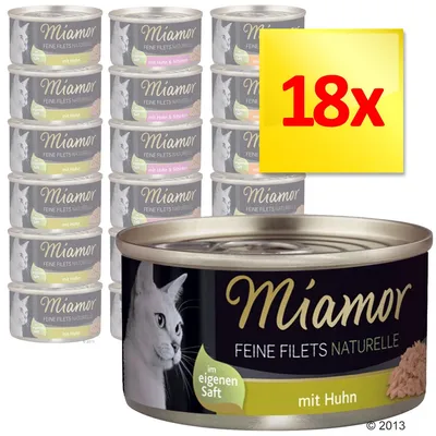 Zestaw 18 puszek Miamor Feine Filets Naturelle dla kotów, widoczne warianty: mit Huhn oraz mit Huhn & Schinken. Na opakowaniu zdjęcie kota i tekst: im eigenen Saft.