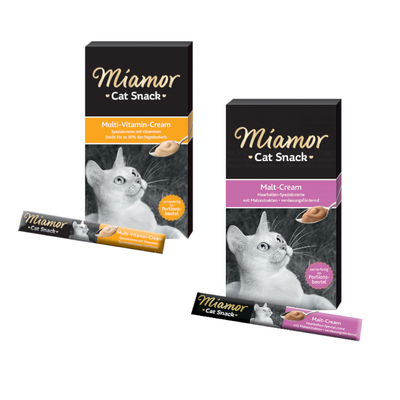 Miamor Cat Snack, Malt-Cream och Multi-Vitamin-Cream för katter. Förpackningar med tysk text: Spezialcreme mit Malzextrakten respektive mit Vitaminen. Röd rabatt-symbol med procenttecken.