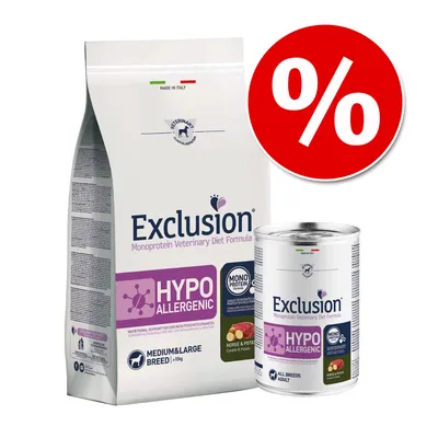 Exclusion Hypoallergenic Monoprotein Veterinary Diet Formula für Hunde, Medium & Large Breed >10kg, Geschmacksrichtung Pferd & Kartoffel. Made in Italy. Rabatt-Symbol sichtbar.