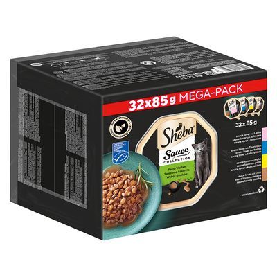 Sheba Sauce Collection Mega-Pack, 32x85 g. Afbeelding van natvoer in saus en kat op de verpakking. Verschillende smaken zichtbaar aan zijkant doos.