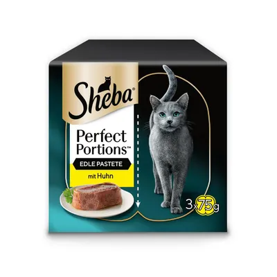 Sheba Perfect Portions Edle Pastete mit Huhn, boîte de pâtée pour chat, 3 x 75 g. Texte en allemand visible sur l’emballage.