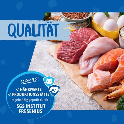 Dokas Qualität: Nährwerte und Produktionsstätte regelmässig geprüft durch SGS Institut Fresenius. Frische Zutaten wie Fleisch, Fisch, Eier und Gemüse sichtbar.