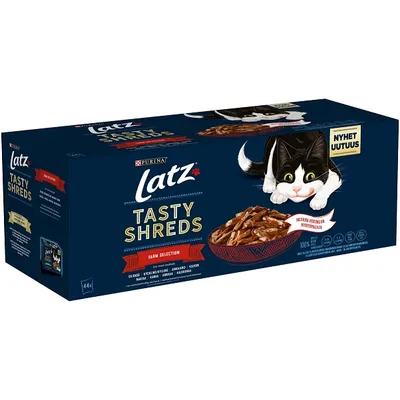 Purina Latz Tasty Shreds Farm Selection, 44 x 85 g. Text: Skurna strimlor, nyhet, 100 % komplett och balanserat. Bild på katt och skål med strimlat våtfoder.