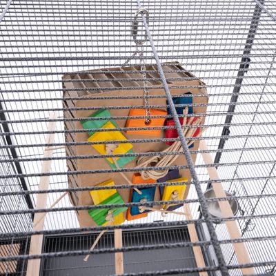 Jouet suspendu en carton et bois coloré avec cordes, accroché à une chaîne dans une cage métallique pour oiseaux ou petits animaux. Plusieurs formes carrées vertes, jaunes, orange et bleues visibles.