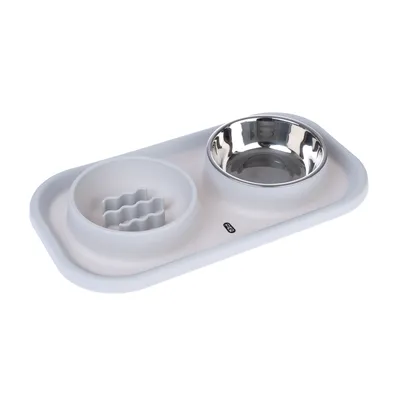 TIAKI Stainless Steel Double Bowl & Slow Feeder with Mat - 2 x 300ml