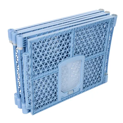Foldable blue plastic grid element with integrated door, suitable for flexible partitions or enclosures.