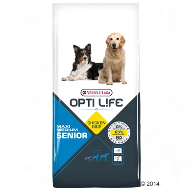 Versele-Laga Opti Life Maxi Medium Senior, Chicken Rice, 65% animal protein, без глутен, за кучета над 10 кг. Видими две кучета на опаковката.