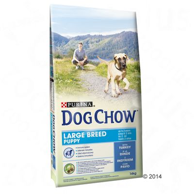 Purina Dog Chow Large Breed Puppy hondenvoer, met kalkoen, voor pups tot 2 jaar, verpakking van 14 kg. Zichtbare tekst: immuunsysteem, met kalkoen, grote rassen puppy.