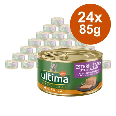 Ultima Fit & Delicious cu pui, hrană umedă pentru pisici sterilizate. Pachet cu 24 de conserve a câte 85g. Controlul greutății și pui ca ingredient principal.
