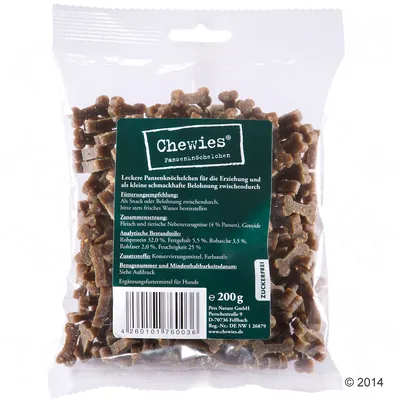 Chewies pansenknöchelchen, balenie 200 g. Zloženie: mäso a živočíšne vedľajšie produkty (4 % držky), obilniny. Analýza: bielkoviny 32 %, tuk 5,5 %, popol 3,5 %, vláknina 2 %, vlhkosť 25 %.
