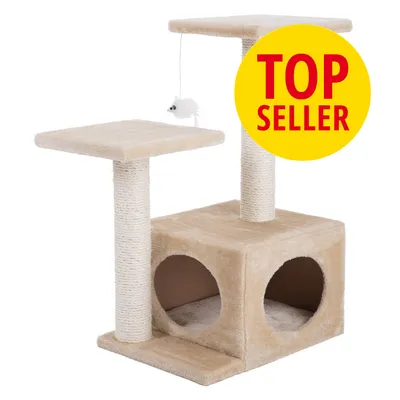 Beige raapimispuu, jossa kaksi tasoa, narulevytolpat, kuutioaukko ja roikkuva hiirilelu. Keltainen merkki: TOP SELLER.