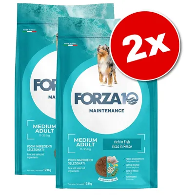 Lot de 2 sacs Forza10 Maintenance Medium Adult 11–35 kg, riche en poisson, 12 kg chacun. Texte visible : Made in Italy, pochi ingredienti selezionati, rich in Fish, ricco in Pesce. Lot de 2 sacs Forza10 Maintenance Medium Adult 11–35 kg, riche en poisson, 12 kg chacun. Texte visible : Made in Italy, pochi ingredienti selezionati, rich in Fish, ricco in Pesce.