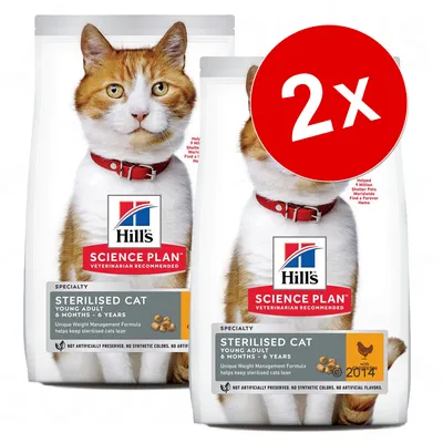 Lot de 2 sacs Hill’s Science Plan Sterilised Cat Young Adult 6 months–6 years, poulet, formule gestion du poids. Texte en anglais sur l’emballage.