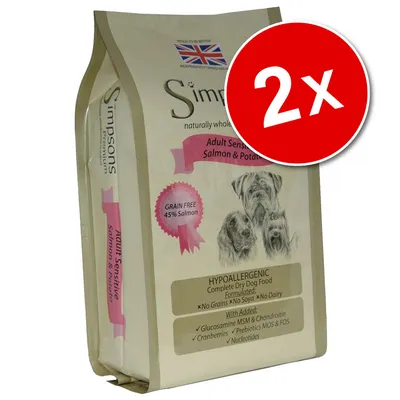 Simpsons Adult Sensitive Salmon & Potato, sans céréales 45 % saumon, hypoallergenic, lot de 2. Texte visible : No Grains, No Soya, No Dairy, glucosamine, cranberry, prébiotiques.