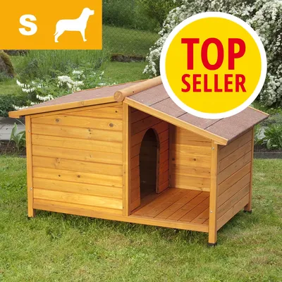 Drewniana buda dla psa, rozmiar S, napis TOP SELLER na żółtym tle. Widoczna konstrukcja z drewna i otwór wejściowy.