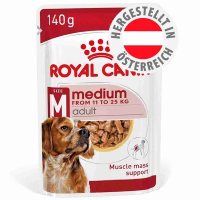 Royal Canin medium adult, 140g, für Hunde von 11 bis 25 kg, Muscle mass support, hergestellt in Österreich. Royal Canin medium adult, 140g, für Hunde von 11 bis 25 kg, Muscle mass support, hergestellt in Österreich.