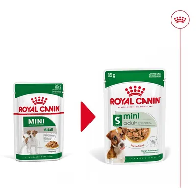 Сравнение на стара и нова опаковка Royal Canin Mini Adult 85 г; новата опаковка е с надпис mini adult, изображение на куче и текст Gravy-Salsa, Weight maintenance. Сравнение на стара и нова опаковка Royal Canin Mini Adult 85 г; новата опаковка е с надпис mini adult, изображение на куче и текст Gravy-Salsa, Weight maintenance.