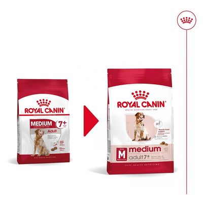 Промяна на опаковката на Royal Canin Medium Adult 7+; показани са старата и новата опаковка с изображение на куче и текст: medium adult 7+, Muscle mass support.