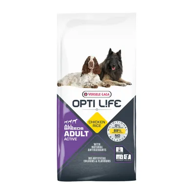 Sac Versele-Laga Opti Life Adult Active All Breeds, Chicken Rice, 89 % protéines animales, sans colorants ni arômes artificiels, avec antioxydants naturels. Deux chiens illustrés sur l’emballage.