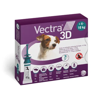 Vectra 3D Solution spot-on pour les chiens de 4 à 10 kg - 3 pipettes de 1,6 ml Vectra 3D Solution spot-on pour les chiens de 4 à 10 kg - 3 pipettes de 1,6 ml