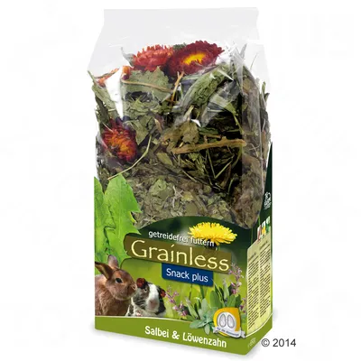 Grainless Snack plus, без зърнени храни, салвия и глухарче. Опаковката показва билки и цветя, както и изображения на заек и морско свинче.