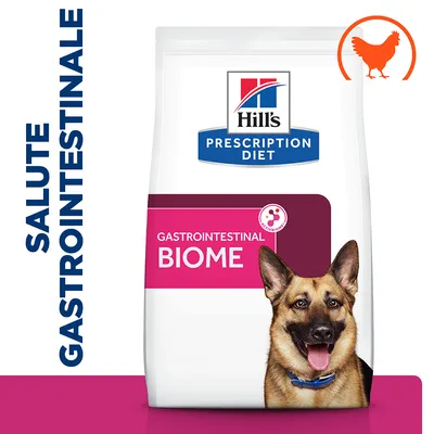 Hill's Prescription Diet Gastrointestinal Biome, confezione con cane pastore tedesco, scritta SALUTE GASTROINTESTINALE e simbolo arancione di pollo in alto a destra.