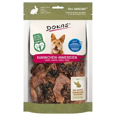 Zak Dokas konijnen-inwendige organen, zichtbaar: long, maag, lever, hart. Tekst: 100% kaninchen, animal welfare tierwohl, das werte kaninchen belohnung. Product zichtbaar in transparant venster.