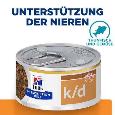 Hill's Prescription Diet k/d Dose, Unterstützung der Nieren, Thunfisch und Gemüse, ActivBiome+ Kidney Defense. Hill's Prescription Diet k/d Dose, Unterstützung der Nieren, Thunfisch und Gemüse, ActivBiome+ Kidney Defense.