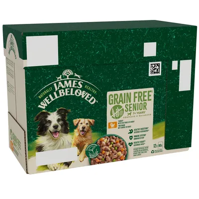 Box labelled 'Grain Free Senior 7+ Years Complete & Balanced', highlights turkey, vegetables in gravy, healthy digestion, immune system support, and hypoallergenic. Contains 12 x 90g portions.